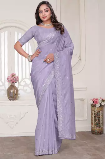 lavender sequin zarkan embroidered border saree with blouse piece