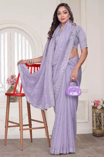 lavender sequin zarkan embroidered border saree with blouse piece