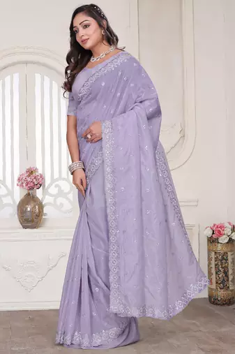 lavender sequin zarkan embroidered border saree with blouse piece