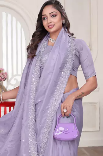 lavender sequin zarkan embroidered border saree with blouse piece
