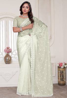 cream sequin zarkan embroidered border saree with blouse piece 1