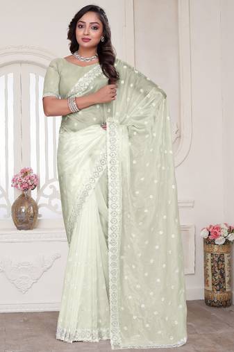cream sequin zarkan embroidered border saree with blouse piece