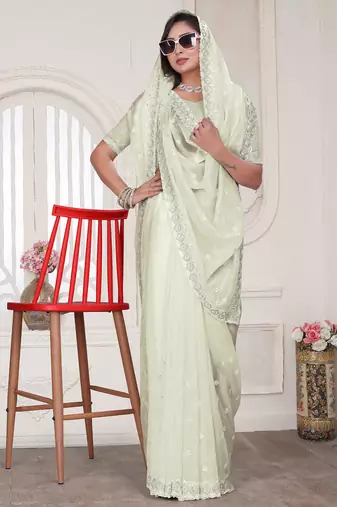 cream sequin zarkan embroidered border saree with blouse piece