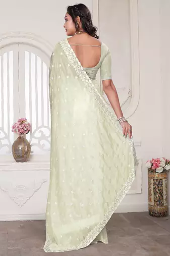 cream sequin zarkan embroidered border saree with blouse piece