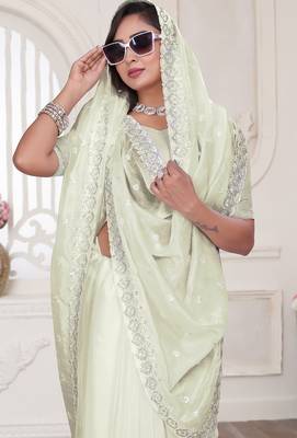 cream sequin zarkan embroidered border saree with blouse piece 5