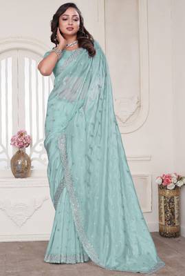 sky blue sequin zarkan embroidered border saree with blouse piece 1
