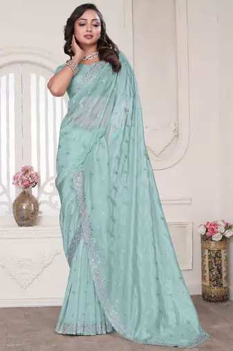 sky blue sequin zarkan embroidered border saree with blouse piece