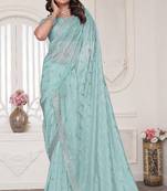 sky blue sequin zarkan embroidered border saree with blouse piece
