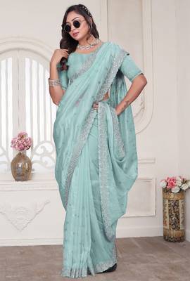 sky blue sequin zarkan embroidered border saree with blouse piece 2
