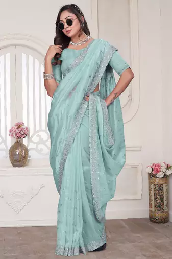 sky blue sequin zarkan embroidered border saree with blouse piece