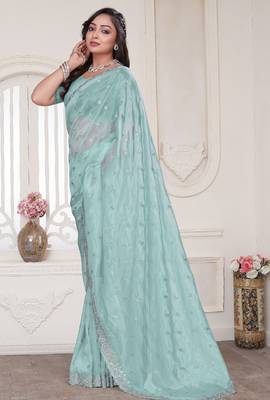 sky blue sequin zarkan embroidered border saree with blouse piece 3