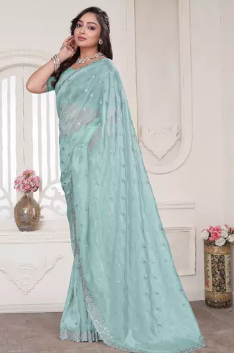 sky blue sequin zarkan embroidered border saree with blouse piece