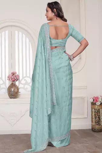 sky blue sequin zarkan embroidered border saree with blouse piece