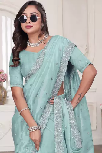 sky blue sequin zarkan embroidered border saree with blouse piece