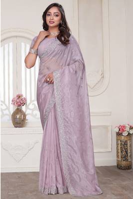 lavender sequin zarkan embroidered border work saree with blouse piece 1