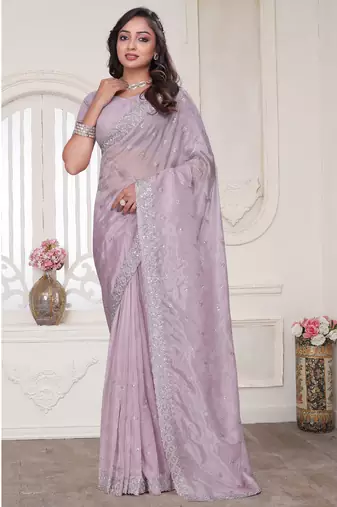 lavender sequin zarkan embroidered border work saree with blouse piece