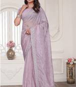 lavender sequin zarkan embroidered border work saree with blouse piece