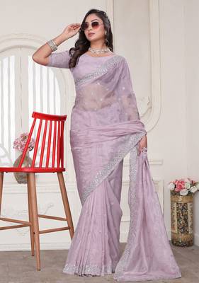 lavender sequin zarkan embroidered border work saree with blouse piece 2