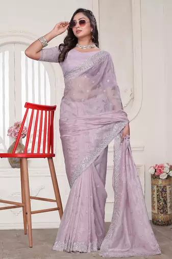 lavender sequin zarkan embroidered border work saree with blouse piece