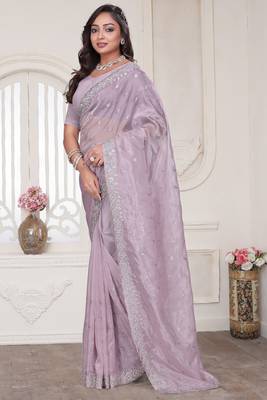 lavender sequin zarkan embroidered border work saree with blouse piece 3