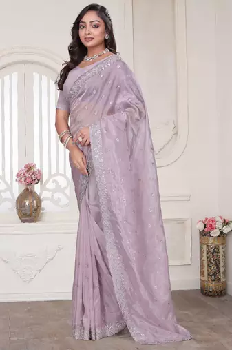 lavender sequin zarkan embroidered border work saree with blouse piece