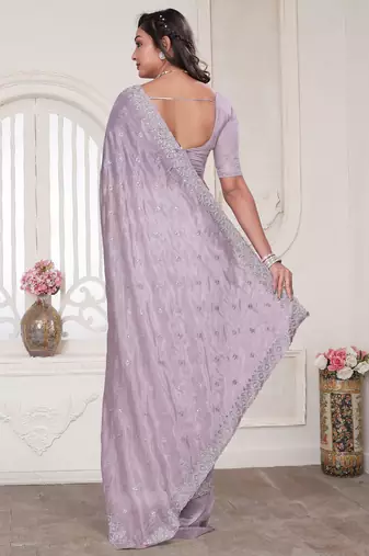 lavender sequin zarkan embroidered border work saree with blouse piece