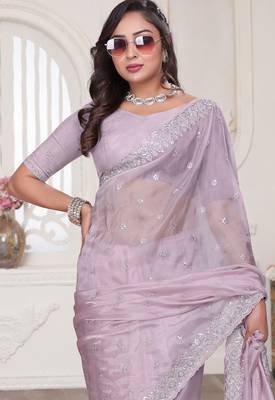 lavender sequin zarkan embroidered border work saree with blouse piece 5