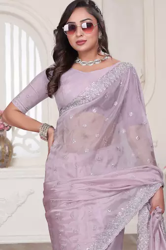 lavender sequin zarkan embroidered border work saree with blouse piece