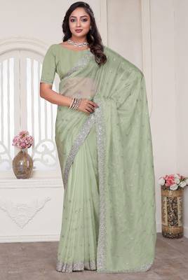 green sequin zarkan embroidered border saree with blouse piece 1