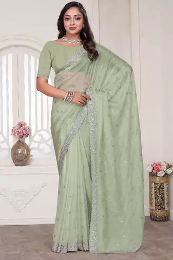 green sequin zarkan embroidered border saree with blouse piece