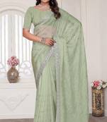green sequin zarkan embroidered border saree with blouse piece