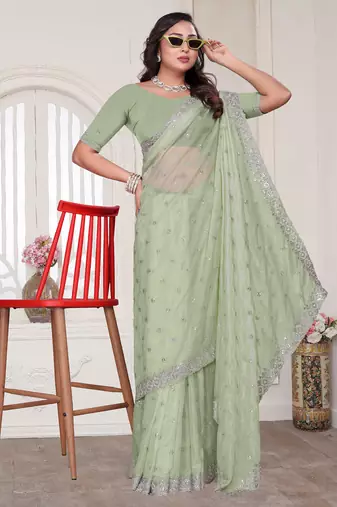 green sequin zarkan embroidered border saree with blouse piece