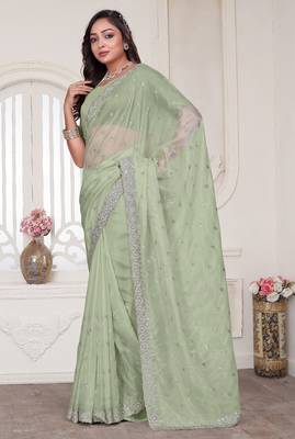 green sequin zarkan embroidered border saree with blouse piece 3
