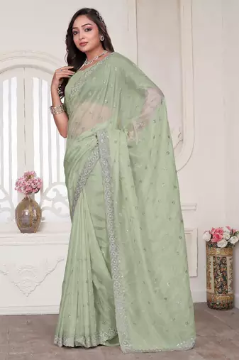 green sequin zarkan embroidered border saree with blouse piece