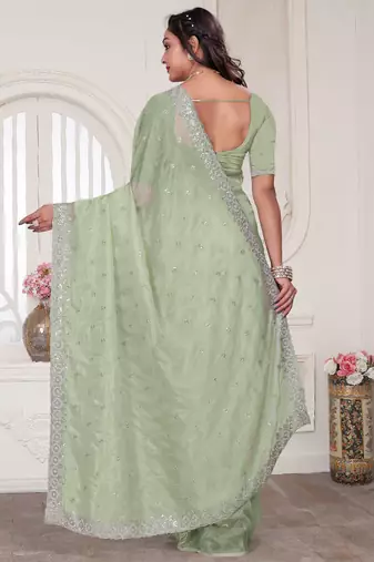 green sequin zarkan embroidered border saree with blouse piece
