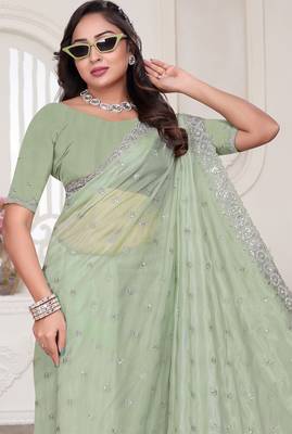 green sequin zarkan embroidered border saree with blouse piece 5