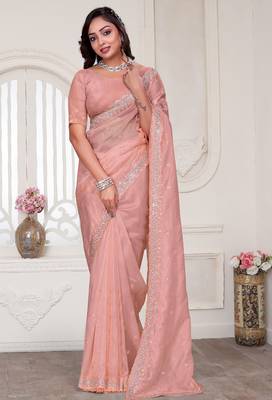 peach sequin zarkan embroidered border saree with blouse piece 1