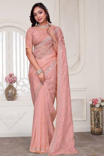peach sequin zarkan embroidered border saree with blouse piece
