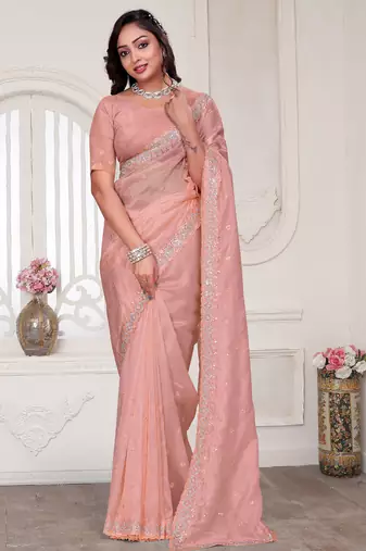 peach sequin zarkan embroidered border saree with blouse piece