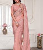 peach sequin zarkan embroidered border saree with blouse piece