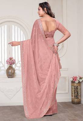 peach sequin zarkan embroidered border saree with blouse piece 4