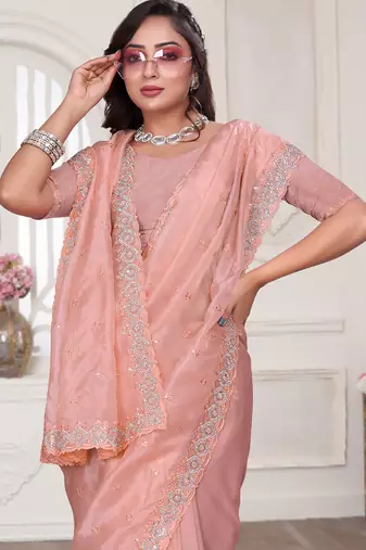 peach sequin zarkan embroidered border saree with blouse piece