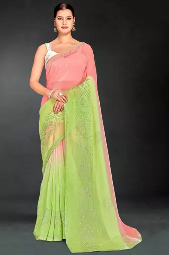 green digital printed swarovski stone border work saree