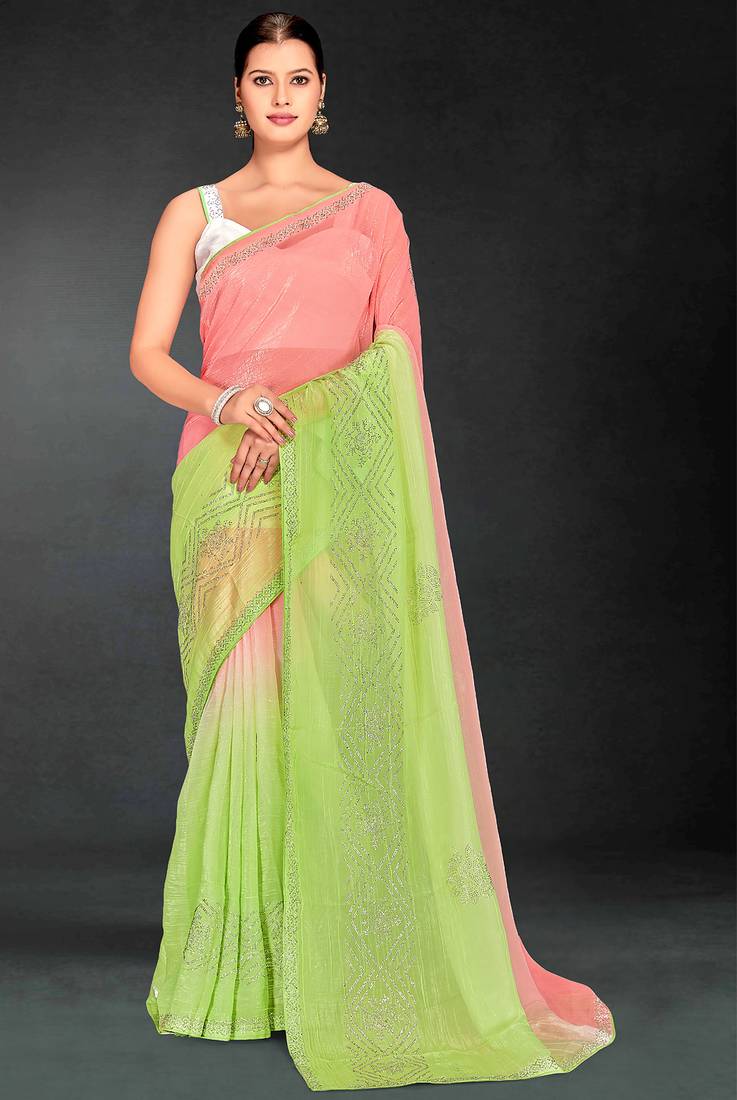 green digital printed swarovski stone border work saree