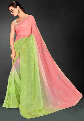 green digital printed swarovski stone border work saree 2