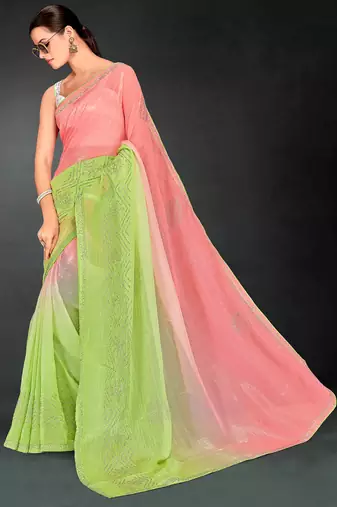 green digital printed swarovski stone border work saree