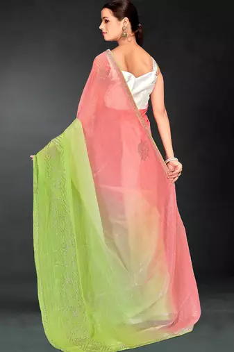 green digital printed swarovski stone border work saree