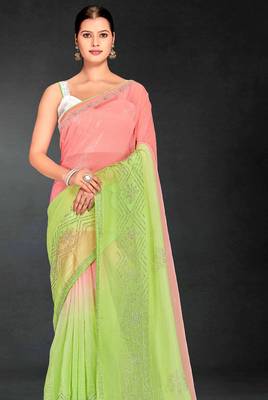 green digital printed swarovski stone border work saree 4