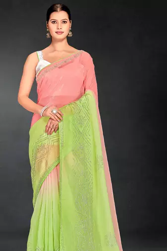 green digital printed swarovski stone border work saree