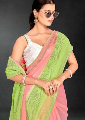 green digital printed swarovski stone border work saree 5